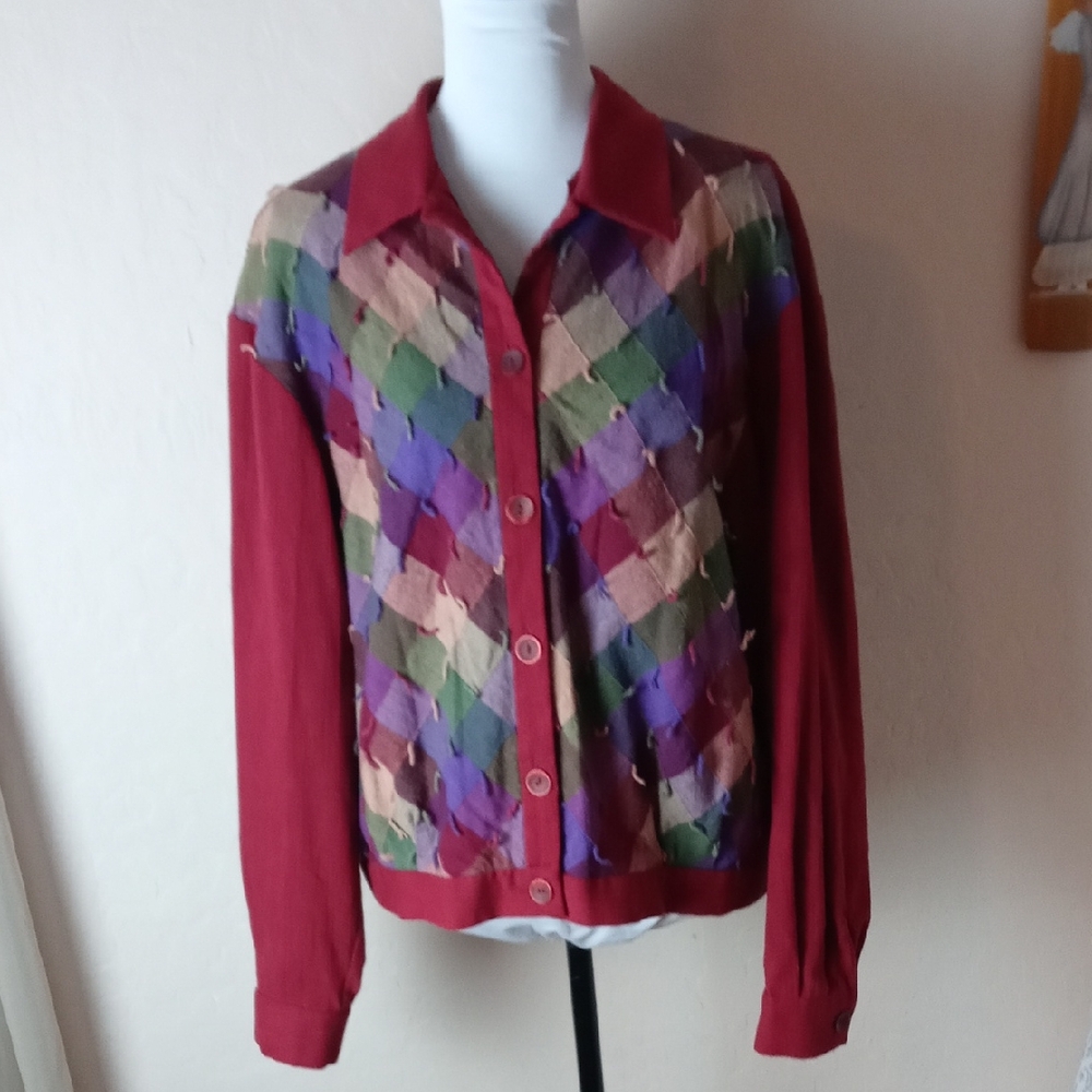 Vintage Sunny Sport By Sunny South Colorful Patchwork Button-Up Cardigan